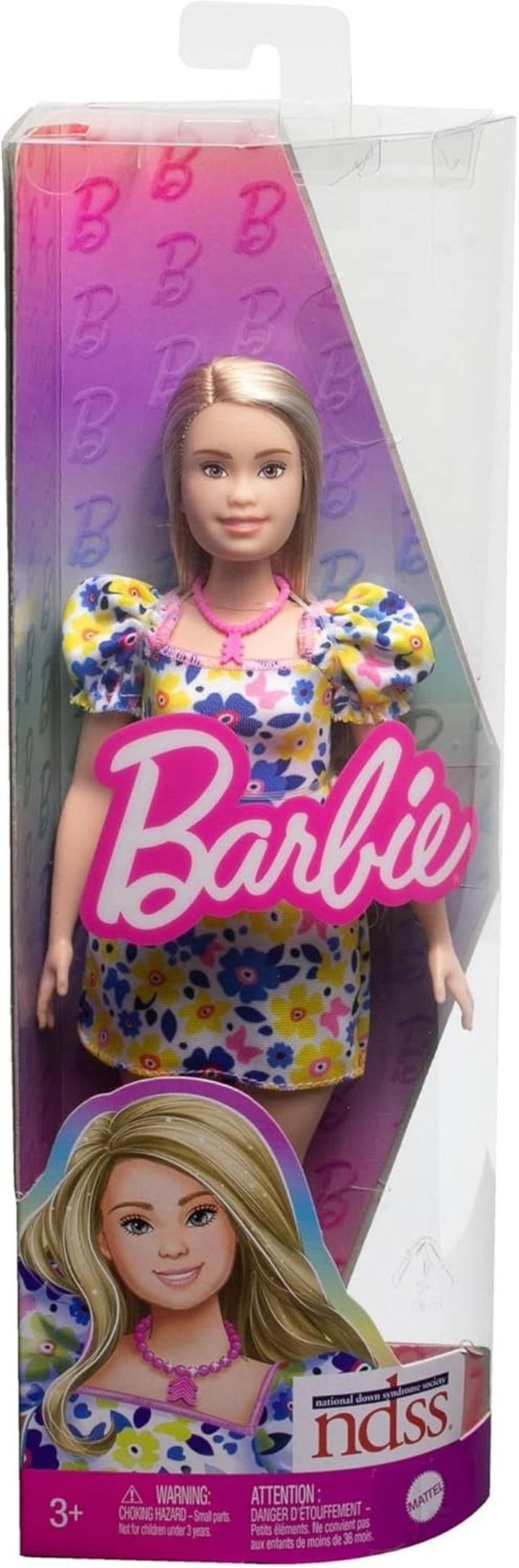 Barbie Fashionistas - păpușă dezvoltată cu Societatea Națională pentru Sindromul Down, păr blond și ținută trendy cu rochie florală și adidași albi, pentru copii de la 3 ani, HJT05
