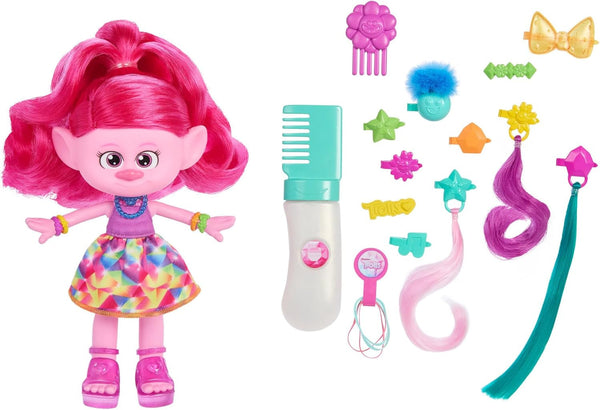 Mattel DREAMWORKS TROLLS Together Strong - păpușă de modă Hair-Tastic Queen Poppy - 15+ accesorii, pieptene cu sclipici, gel cu sclipici lavabil, pentru copii cu vârsta peste 3 ani, HNF25