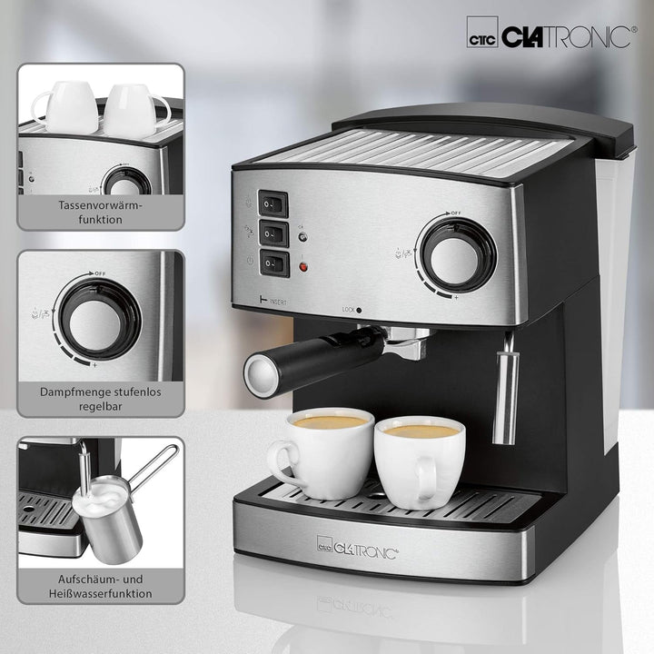 Espressor Clatronic® | Espressor mic de cafea | Presiune pompă 15 bari | Rezervor de apă transparent de 1,6 litri (detașabil) | 2 duze din oțel inoxidabil cu funcții de spumare și apă caldă | 850 wați | ES 3643