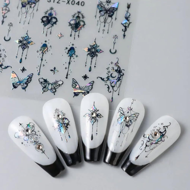 3D Metallic Schwarz Schmetterling Nagelsticker - Laser Pink Aurora Nagelaufkleber - Punk Butterfly Nail Art Stickers - Silver Nail Sticker - Nageldesign Zubehör