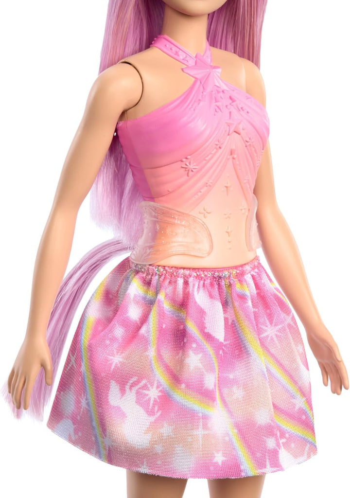 Păpuși Barbie Unicorn cu păr fantezie colorat, ținute cu gradient de culoare și accesorii fantezie în jurul temei unicorn, HRR13