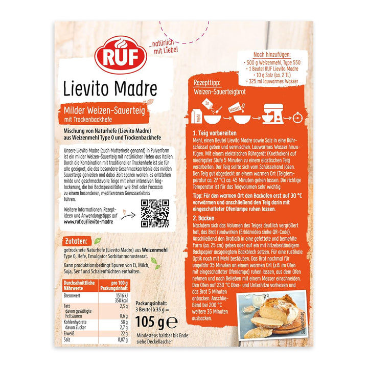 RUF Lievito Madre Sauerteig, Milder Weizen-Sauerteig, Mutterteig, Kurze Teigruhe Durch Enthaltene Trockenhefe, Lievito Madre Getrocknet Für Brot, Baguette, Focaccia, 3X35G