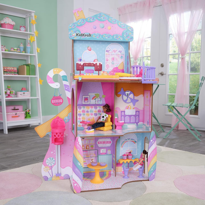 Casă de păpuși din lemn Kidkraft Candy Castle cu mobilier și accesorii, casă cu figurină Llama Unicorn, lift pentru tort de înghețată și scaun de cauciuc pentru păpuși, jucărie pentru copii de la 3 ani, 20242