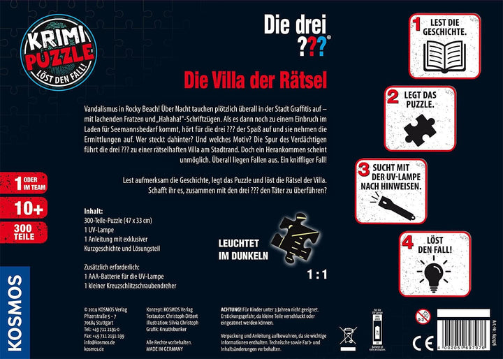 The Three ??? - Crime Puzzle - The Villa of the Puzzles By KOSMOS 697976, 300 piese, Strălucește în întuneric, Cu lampă UV, Citire, Puzzle, Rezolvarea puzzle-urilor, Puzzle detectiv De la 10 ani