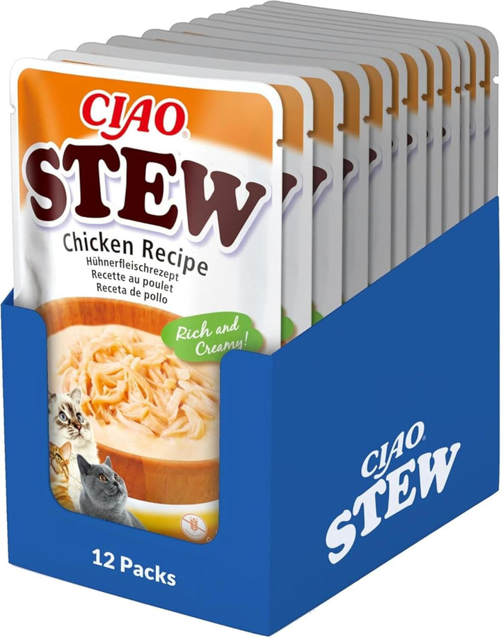 INABA Ciao Stew Hrană umedă pentru pisici 86% umiditate și vitamina E, supă premium pentru pisici cu pui și scoici 40 G (pachet de 12), 100% carne naturală, fără cereale, fără zahăr