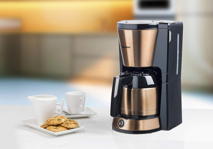 Bestron Espressor cu filtru pentru 8 cești de cafea, Espressor cu termos de 1 litru, Include filtru permanent și oprire automată, 900 W, Culoare: Cupru