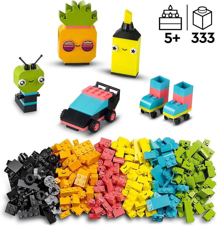 LEGO 11027 Classic Neon Creative Building Set, Brick Box Set, Jucărie de construcție cu modele: mașină, ananas, extraterestru, patine cu rotile, figuri și multe altele, pentru copii de la 5 ani în sus