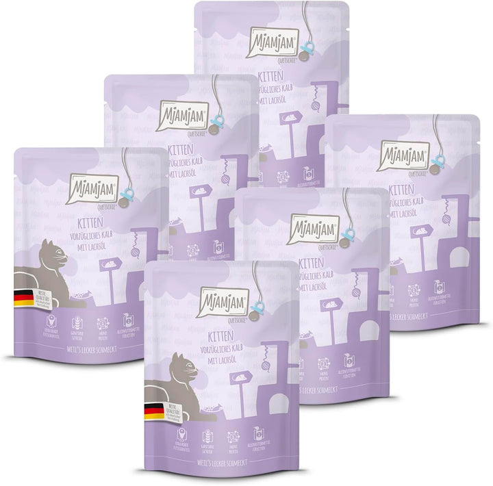 Mjamjam - Hrană umedă premium pentru pisici - Kitten Juicy Chicken cu ulei de somon, pachet de 6 (6 X 200 G), fără cereale, cu extra carne