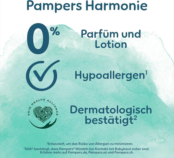 Pampers Baby Windeln Größe 6 (13+Kg) Harmonie, MONATSBOX, Sanfter Hautschutz Und Pflanzenbasierte Inhaltsstoffe, 144 Stück