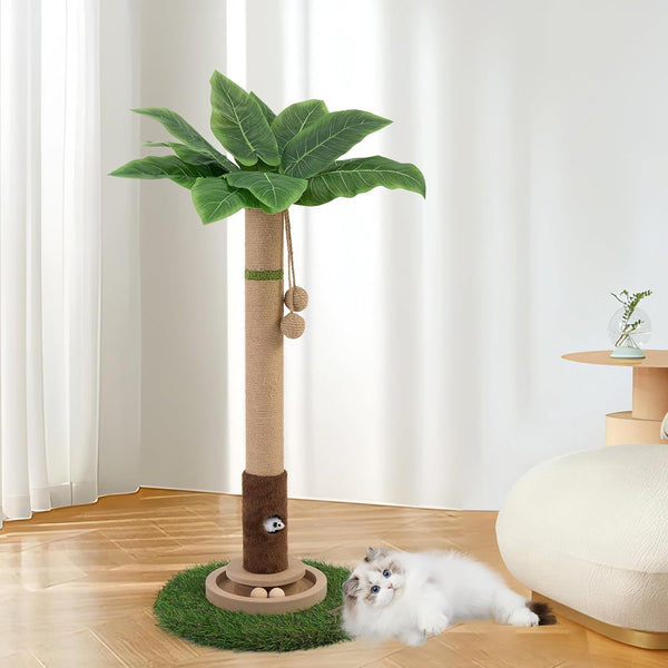 Stâlp de zgâriat pentru pisici, înălțime 89,9 cm, stâlp de zgâriat pentru pisici de interior cu jucării, gaură pentru șoarece și minge interactivă din lemn pentru pisoi, adulți și pisici