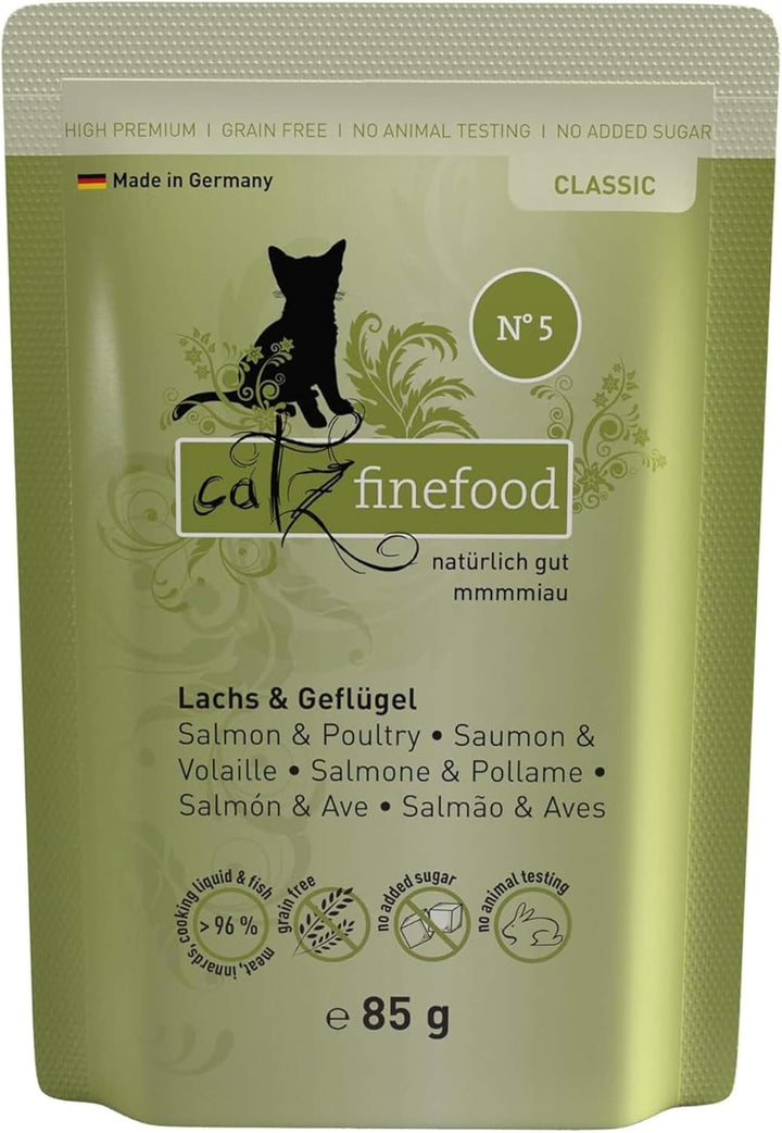 Hrană umedă pentru pisici Catz Finefood Classic N° 5 Salmon & Păsări - Hrană umedă gourmet pentru pisica dvs. fără zahăr și cereale, fără gluten - cu conținut ridicat de carne, fabricată în Germania (6 pungi de 300G)