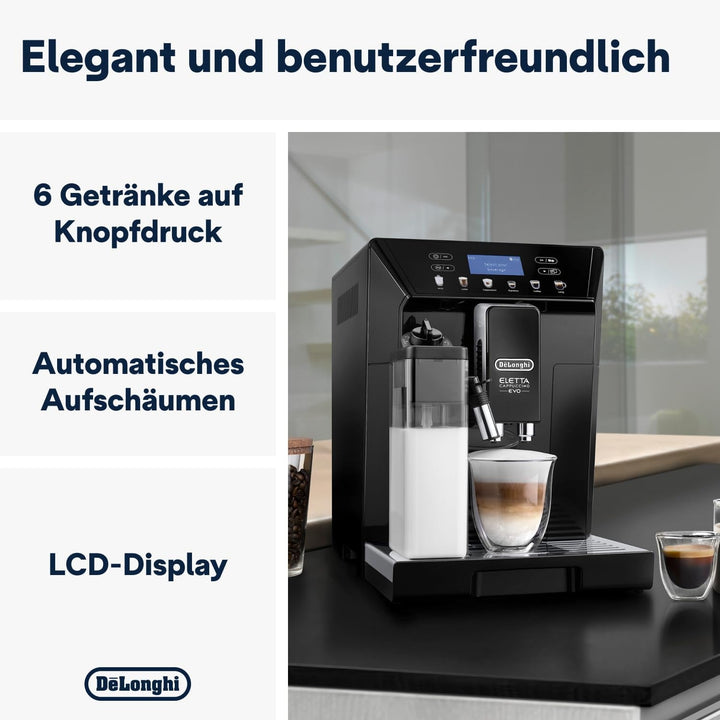 De'Longhi Eletta Evo ECAM 46.860.B Espressor complet automat cu sistem Latte Crema Milk, Cappuccino și Espresso prin apăsarea unui buton, afișaj LCD și butoane senzoriale, negru