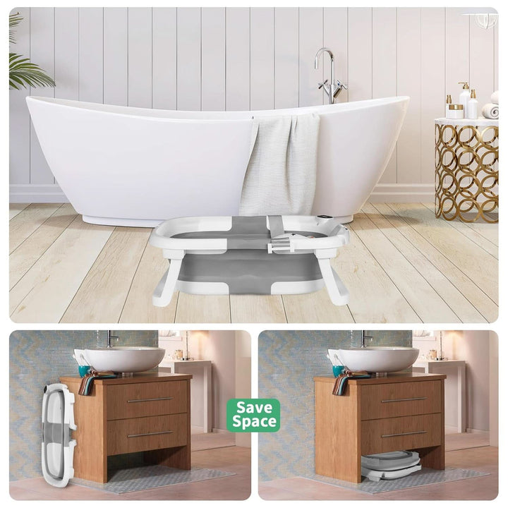 Groß Faltbare Babywanne Mit Badematte, Baby Badewanne Faltbar Mit Duschkopfanschluss & Integriertem Thermometer, Baby Wanne,Ergonomisch, Platz Sparen,Tragbare Badewanne Baby Für Babys Von 0-36 Monaten