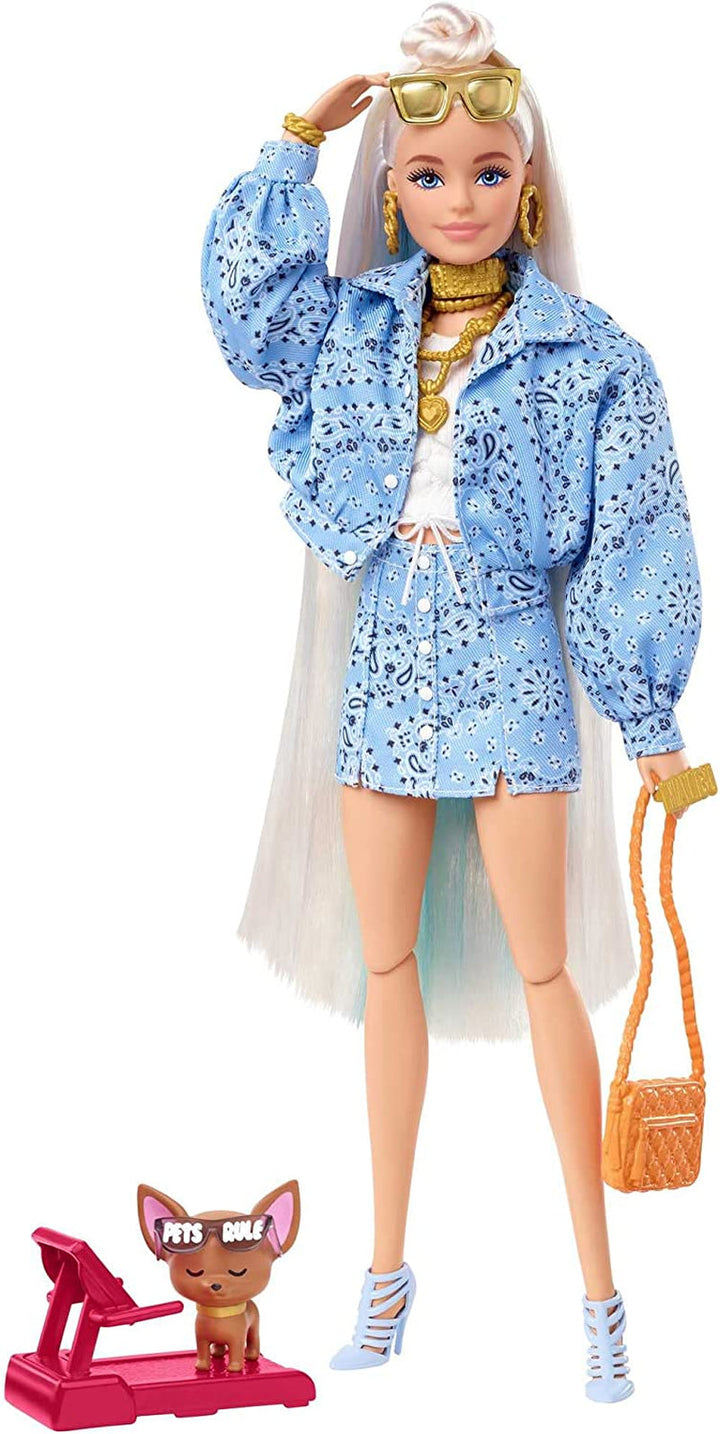Barbie HDJ46 - Păpușă extra în rochie cu tricou de baschet și accesorii, cu animal de companie Corgi, păr creț extra lung cu șuvițe roz și articulații flexibile, jucărie cadou pentru copii de peste 3 ani