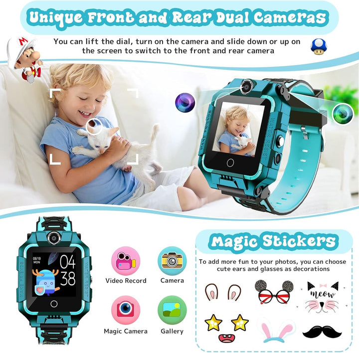 LiveGo Kids Smartwatch 4G, rezistent la apă și sigur Smartwatch Phone cu 360° Rotatable, GPS Tracker, Apel SOS Camera WiFi, 3-12 ani Elevii cadou de ziua de naștere (T10 Cyan01)