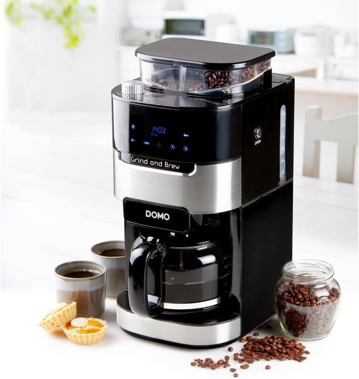 DOMO DO721K Cafetieră "Grind and Brew" cu râșniță și cronometru - 1,5 L, negru, oțel inoxidabil