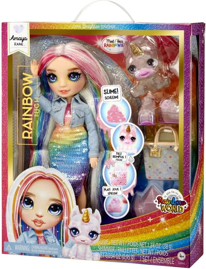 Păpușă Rainbow High Fashion cu slime și animal de companie - Amaya (Culori curcubeu) - păpușă strălucitoare de 28 cm cu slime sclipitor, animal magic și accesorii de modă - jucărie pentru copii - 4-12 ani
