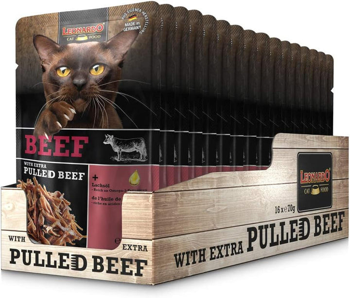 LEONARDO Fresh Pouch [16X70G Pui cu fâșii de carne] Pulled Beef | Hrană umedă fără cereale pentru pisici | Hrană completă pentru pisici
