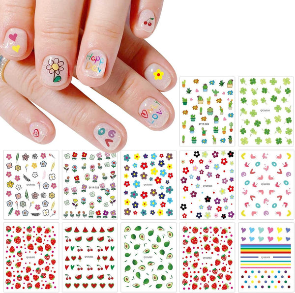 JMEOWIO Süße Nagelsticker Für Kinder 14 Blatt Nail Art Sticker Selbstklebend Nagelaufkleber Regenbogen Blumen Frucht Dekoration Nageldesign Zubehör