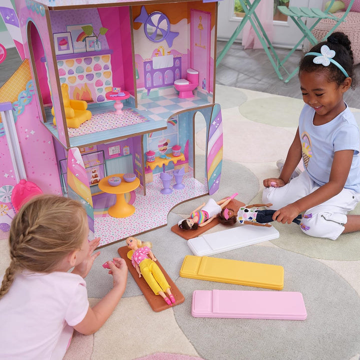 Casă de păpuși din lemn Kidkraft Candy Castle cu mobilier și accesorii, casă cu figurină Llama Unicorn, lift pentru tort de înghețată și scaun de cauciuc pentru păpuși, jucărie pentru copii de la 3 ani, 20242