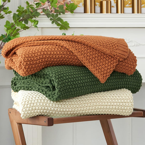 Chunky tricot arunca pătură, Lightweight, Bej, 100% bumbac organic, Pătură pentru canapea, canapea, pat, copil, camera copiilor, Rustic, Shabby chic, Modern farmhouse, 152.4 X 203.2 cm, Inclusiv sac de rufe Paturi si Cuverturi Longhui bedding Bej 60"X80", supradimensionat