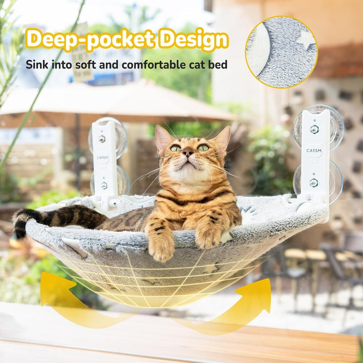 CATISM Hamac pliabil pentru pisici cu stele și lună strălucitoare până la 20 kg, Șezlong pentru fereastră cu ventuze puternice, Material lavabil, Pat luminos pentru pisici (50 x 36,5 cm)