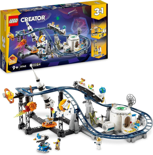 LEGO 31142 Creator 3-In-1 Rollercoaster spațial, kit de jucărie pentru bâlci cu cărucioare funcționale, convertibil în turn de cădere liberă sau carusel cu rachete și cărămizi strălucitoare