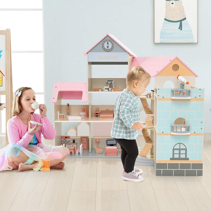 Casă de păpuși din lemn FANTASK, casă de păpuși 94 cm înălțime cu 41 de piese de mobilier și accesorii, vilă de păpuși cu 6 camere, terasă și garaj, cadou pentru fete de la 3 ani Casute de papusi Naty Shop