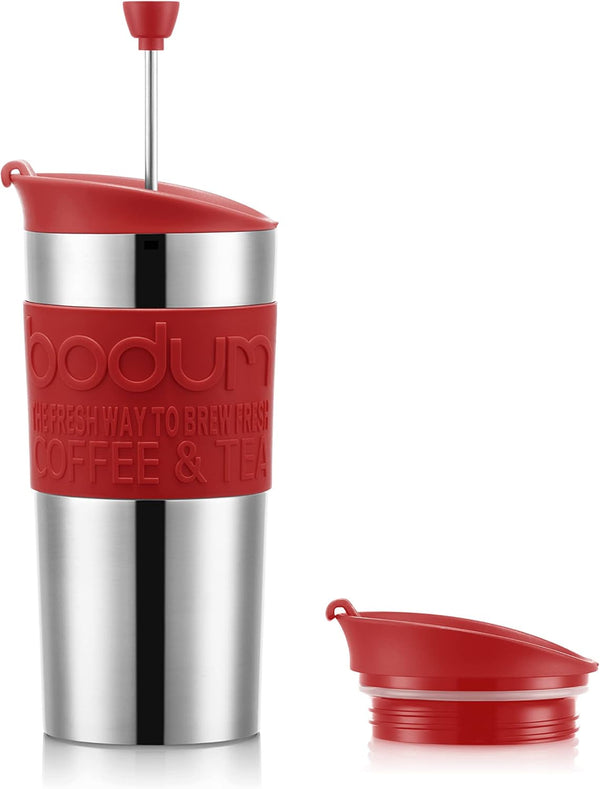 Bodum K11067-04 TRAVEL PRESS SET Termoizolant, cu pereți dubli, oțel inoxidabil, capac suplimentar, 0,35 l, roșu