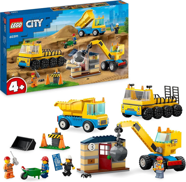LEGO 60391 Vehicule de construcții urbane și macara cu minge de distrugere, jucărie cu excavator, autobasculantă și vehicule de transport, jucărie educativă pentru copii de 4 ani și peste