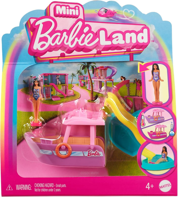 Barbie Mini Barbieland set de păpuși și vehicule de jucărie, păpușă de 1,5 inci și vehicul de jucărie iconic cu surpriză care își schimbă culoarea, HYF43