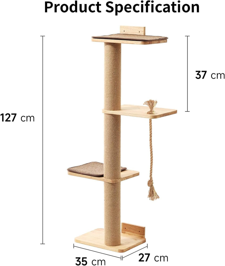 FUKUMARU Stâlp de zgâriat pentru pisici, montat pe perete, 127,7 cm, Arborele pentru pisici cu pat pentru pisici, Stâlpi de zgâriat și covoraș de zgâriat din iută, Stâlp de zgâriat pentru pisici din lemn masiv de hevea natural, Mare