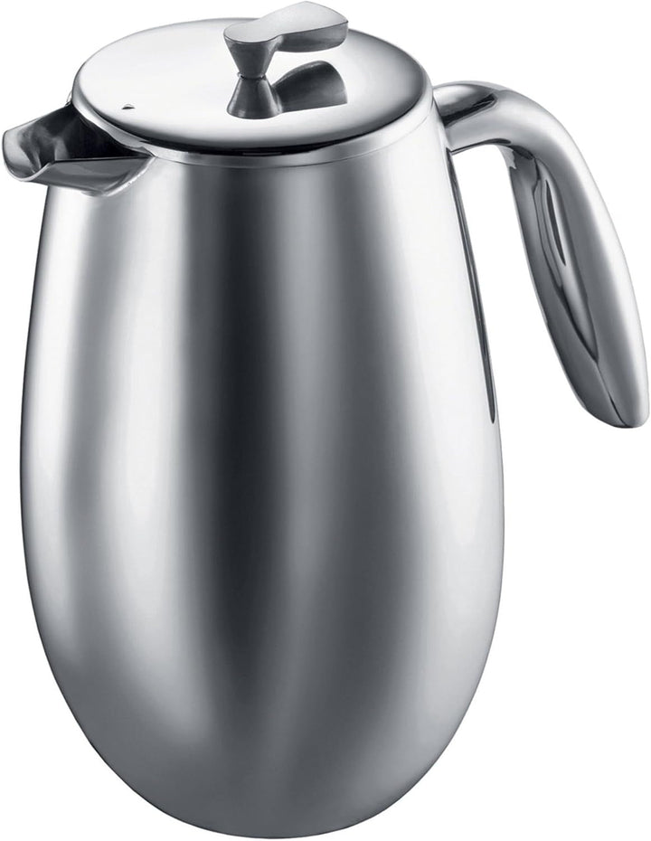 Presă franceză cu pereți dubli Bodum Columbia - 1L / 8 căni - Oțel inoxidabil lucios - Cafetieră lavabilă în mașina de spălat vase