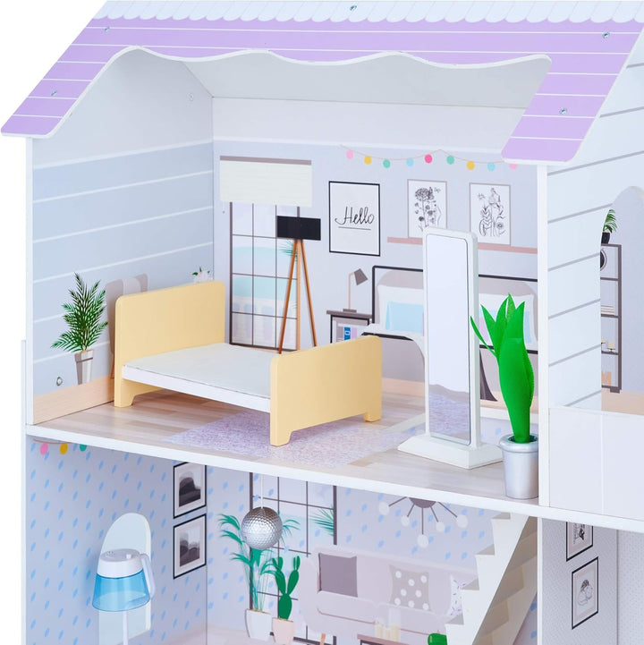 Teamson Kids Olivias Little World Giant Doll House cu 16 accesorii pentru păpuși, casă de păpuși din lemn cu mobilier, cu 3 etaje, casă de păpuși pentru copii pentru păpuși de 12 inci/30 cm, vârsta 3 ani+