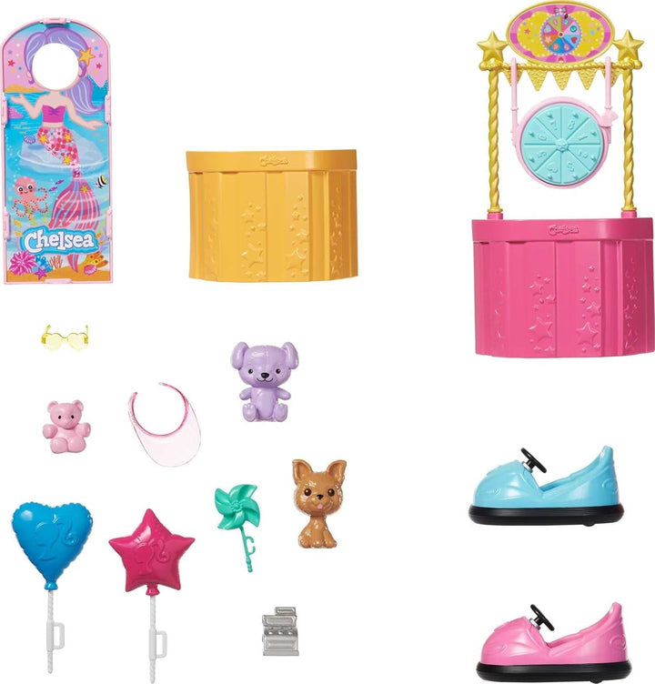 Barbie GHV82 - Chelsea Fairground Playset Cu Păpușă, Aprox. 15 Cm, Blondă, Cu Modă Și Accesorii, Cu Roată Ferris, Mașini Bumper, Pui Și Mai Mult, Jucărie Cadou Pentru Copii De La 3 La 7 Ani