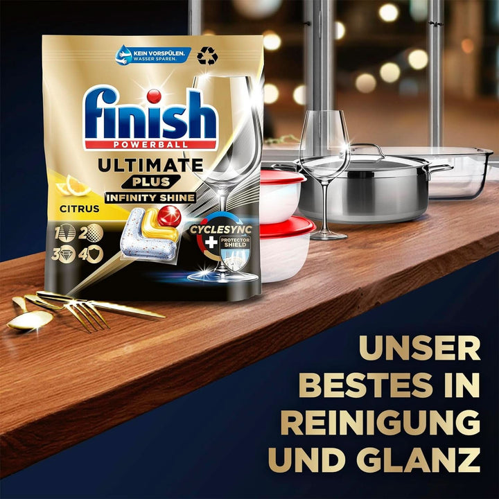 Finish Ultimate plus Infinity Shine Citrus Dishwasher Tabs - Tablete pentru mașină de spălat vase, curățare intensivă - 105 capsule, lămâie