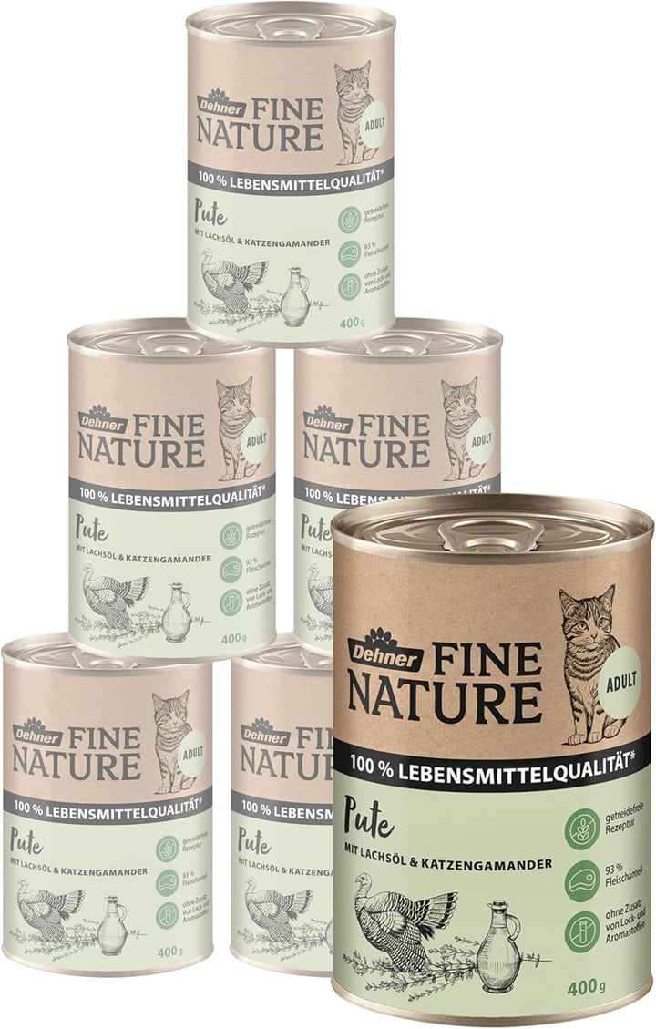 Hrană pentru pisici Dehner Fine Nature, hrană umedă fără cereale, pentru pisici adulte, curcan, cutie 6 X 200 G (1,2 kg)