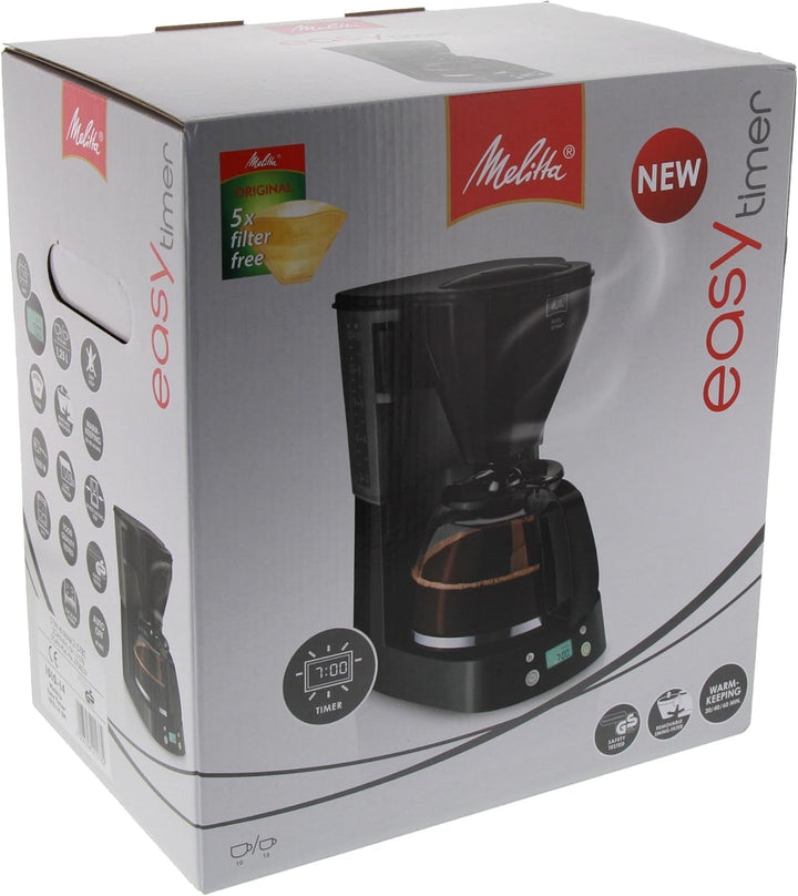 Melitta Easy Timer - Cafetieră cu filtru - Cu ulcior din sticlă - Funcție temporizator - Stop picurare - 10 cești - Negru (1010-14)