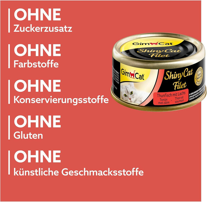 Gimcat Shinycat Fillet Tuna With Salmon - Hrană pentru pisici cu file suculent fără zahăr adăugat pentru pisici adulte - 24 cutii (24 X 70 G)