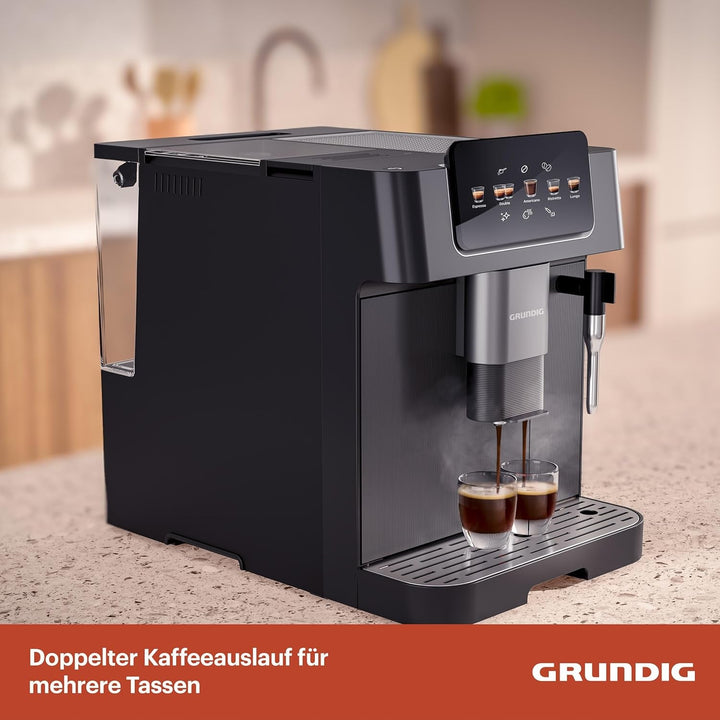Espressor GRUNDIG KVA 6230 complet automat cu spumator de lapte, râșniță din oțel inoxidabil cu 13 niveluri de măcinare, recipient boabe de 250 g, rezervor de apă detașabil de 2 litri, presiune pompă 19 bar, ecran tactil, negru