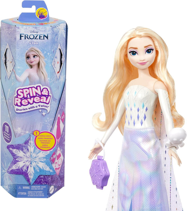 Mattel Disney The Ice Queen Elsa Fashion Doll Set, Spin & Reveal cu 11 surprize, inclusiv 5 accesorii, 5 autocolante și o scenă pentru joacă, inspirat de filmul Disney, HTG25