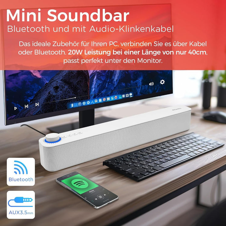 Atlantis Soundbar PC 20W, Pc-Lautsprecher, Klinke 3.5Mm + Bluetooth 5.3 Für Smartphone, Firetv, Plattenspieler, Batt. 2400Mha, FM Radio, Pc-Lautsprecher, Tragbar, TV, Smartp 420X60X74 Mm P003-C0820-B