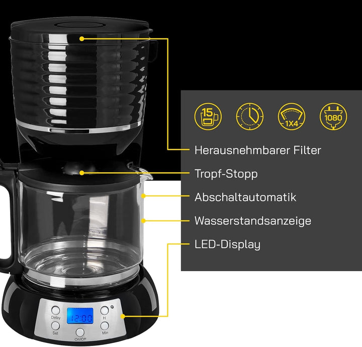 Espressor cu filtru COFFEE 3300 C | 15 cești de cafea | Dimensiune filtru 1x4 | Temporizator | Funcție de reținere a căldurii | 1080 wați | Afișaj LED