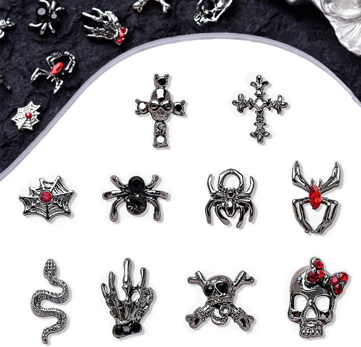 40 Stück 3D-Halloween-Nagelkunst-Charms, Vintage-Punk-Legierung, Nagelanhänger, Totenkopf, Geist, Fledermaus, Spinne Mit Strasssteinen, Legierung, Nagelkunst, Schmuck Für Halloween, DIY,
