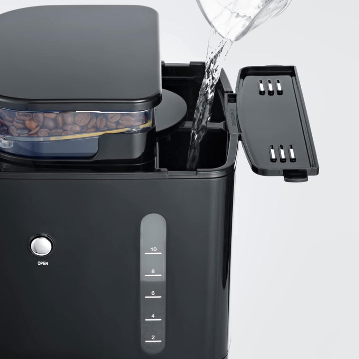 Espressor SEVERIN cu râșniță, espressor cu carafă de sticlă și funcție de cronometru, disponibil și ca espressor la filtru, pentru până la 10 cești de cafea, 1000 wați, negru/oțel inoxidabil, KA 4813