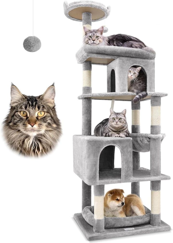 Ansamblu de pisici pentru Maine Coon, ansamblu de 183 cm înălțime, cu căsuță mare, platforme, stinghii, coș, pat pentru pisici, grajd, ansamble pentru pisici adulte de talie mare, peste 5 kg (S72, gri fumuriu)