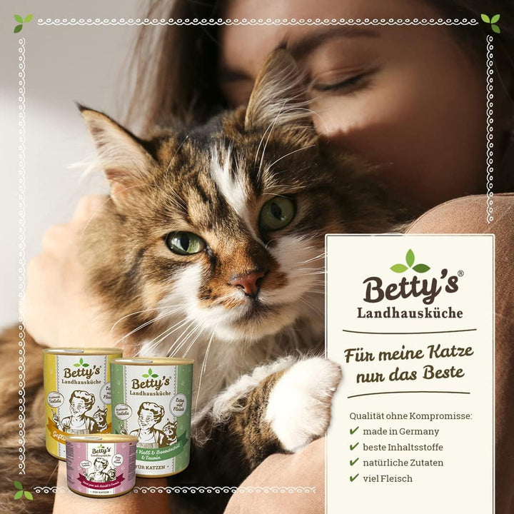Betty'S Landhausküche cutie de hrană umedă pentru pisici, Fără cereale, Cea mai bună calitate, Carne de înaltă calitate, Gently cooked, Potrivit pentru toate rasele de pisici, Pui și fazan cu ulei de borangic 6 X 200 G