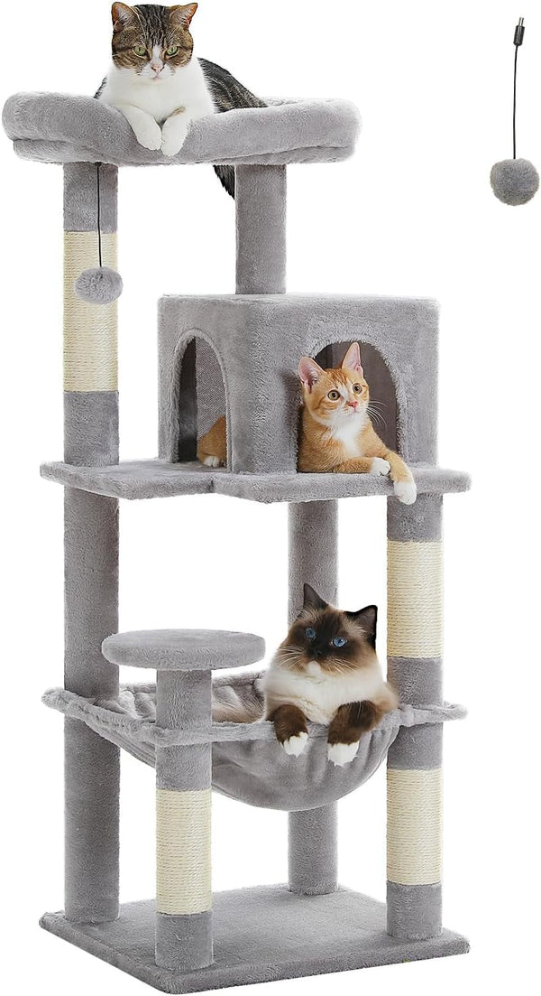 PAWZ Road, arbore pentru pisici cu hamac metalic din pluș, turn pentru pisici adulte cu căsuță tip condominiu cu 2 uși, gri, 116 cm