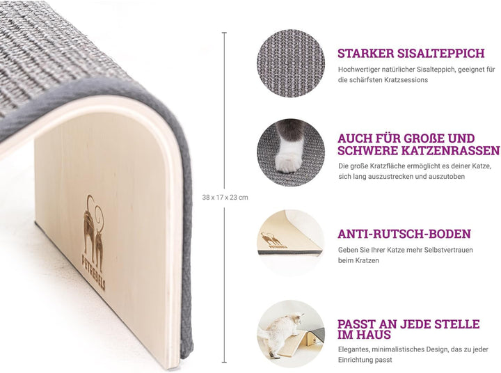 Petrebels Design Tablă de zgâriat din lemn cu covor din sisal natural, Archie 38 x 23 x 17 cm, bej/crem
