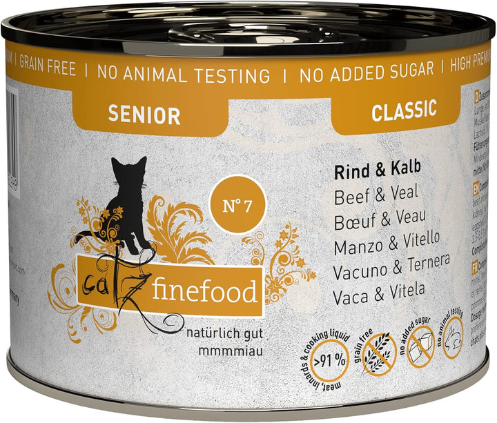 Hrană umedă pentru pisici Catz Finefood Senior Collection - Hrană umedă premium pentru pisica dumneavoastră senior - fără cereale, fără zahăr, conținut ridicat de carne, vitamine și minerale (cutie 6 X 200G)